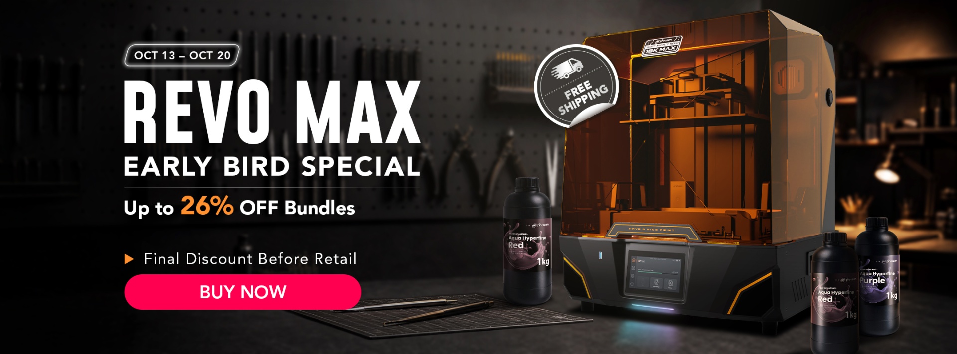 Promotional banner for the REVO MAX 3D printer. Early Bird pricing opens Sept. 22: MSRP $1,600, early-bird price $1,300, and $1,250 with a subscriber code. A woman holds detailed dragon models beside the orange-and-black printer, with a “Buy Now” button.
